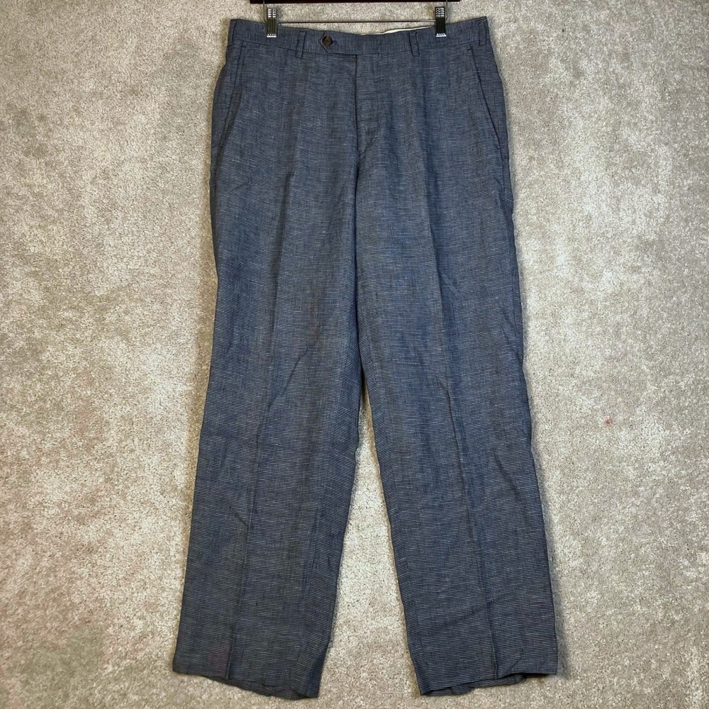 Brooks Brothers Madison Dress Pants Mens Fits 34x30 Blue 100% Linen Flat Front